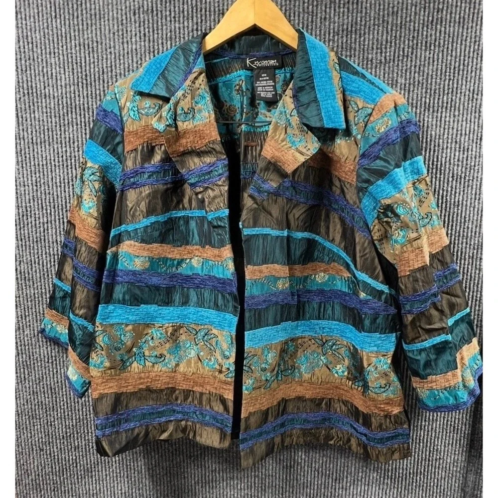 K Woman Collection Jacket Blazer Blue Brown Floral Women 16W Boho Open Front VTG
